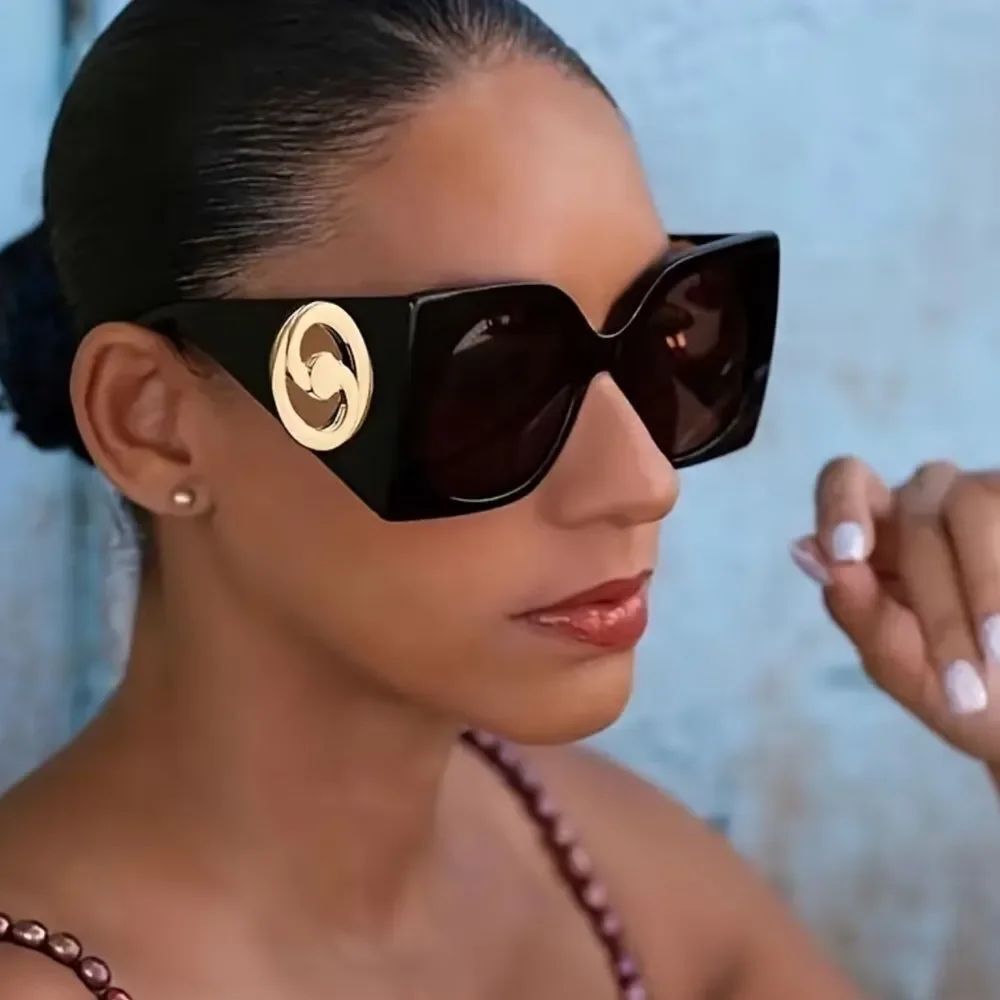Oversized Black Square Sunglasses with Gold Logo Accent